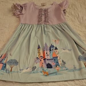 Whimsical Castle Print Kids Dress in Lavender and Mint